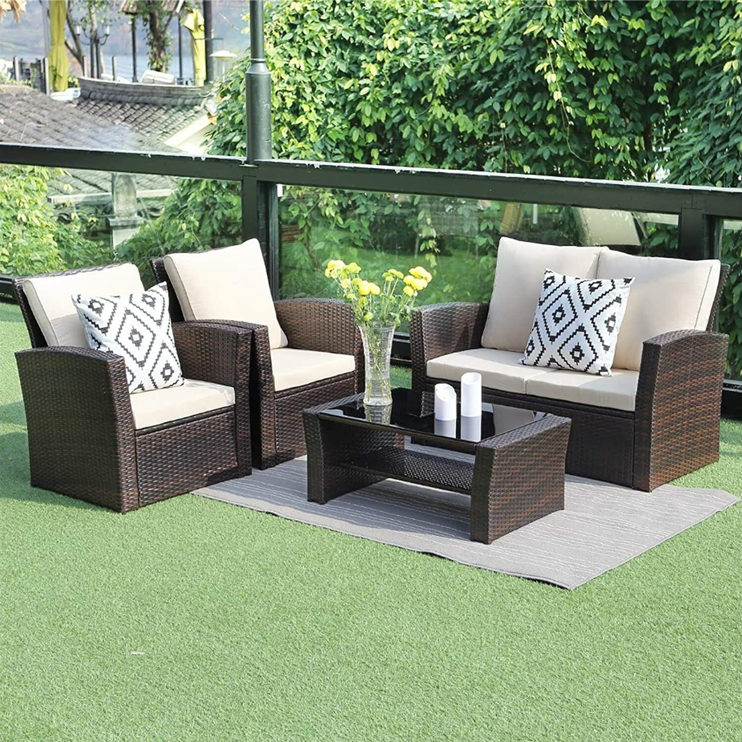 4 Piece Patio Set – Rattan Garden Furniture Table Chairs Grey Black and Brown