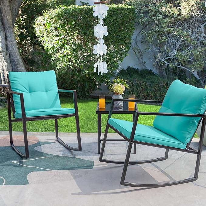 Greesum 3 Pieces Rocking Wicker Bistro Set, Patio Outdoor Furniture,