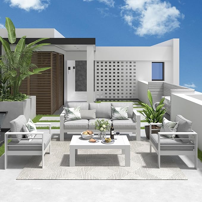 Indigo Iron Patio Furniture Set, 4 Pcs Modern Outdoor Conversation Set Couch Sofa with Upgrade Cushion and Coffee Table, White